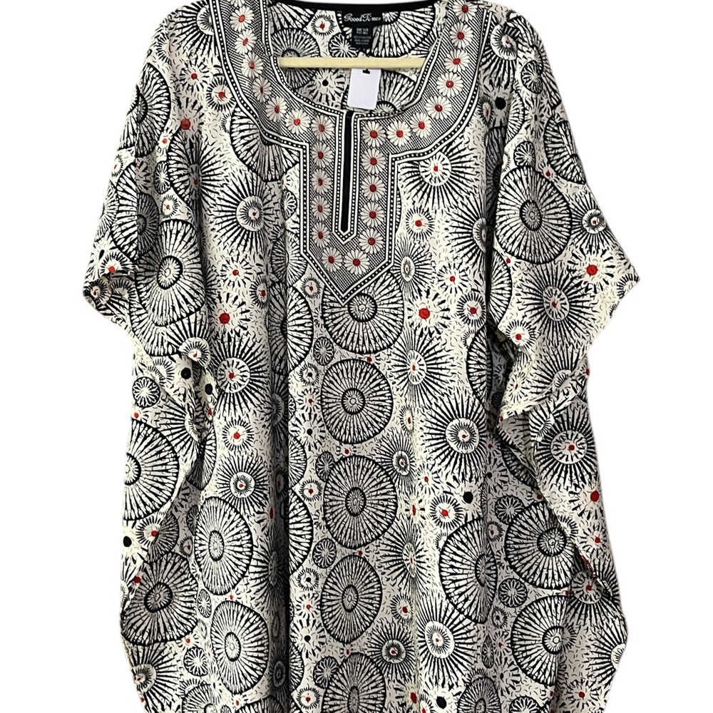 Black, Red, and White Patterned Women's Kaftan with Rhinestones